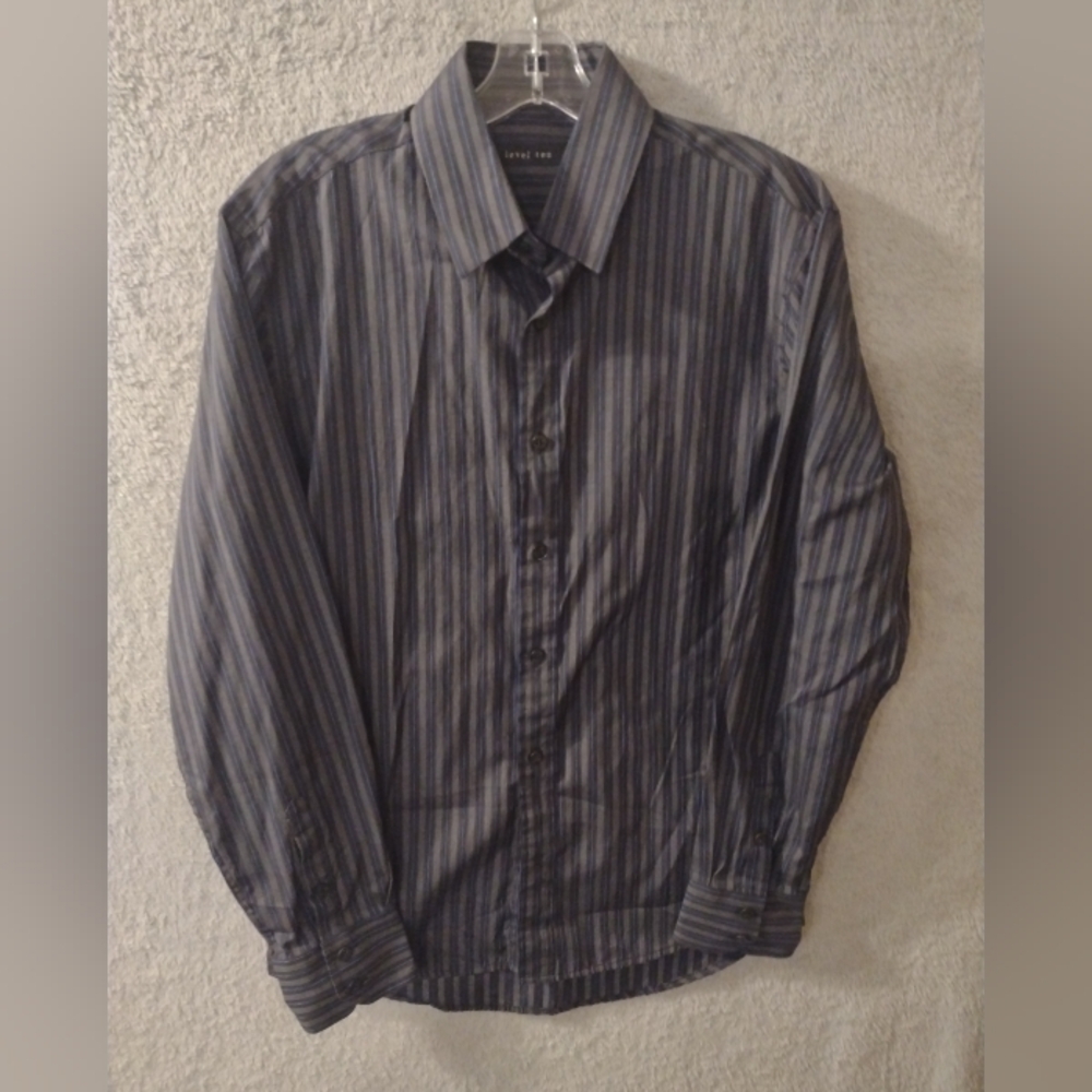 LevelTen Men's Long Sleeve Button Up Shirt Size Small Gray/Black/Blue Striped